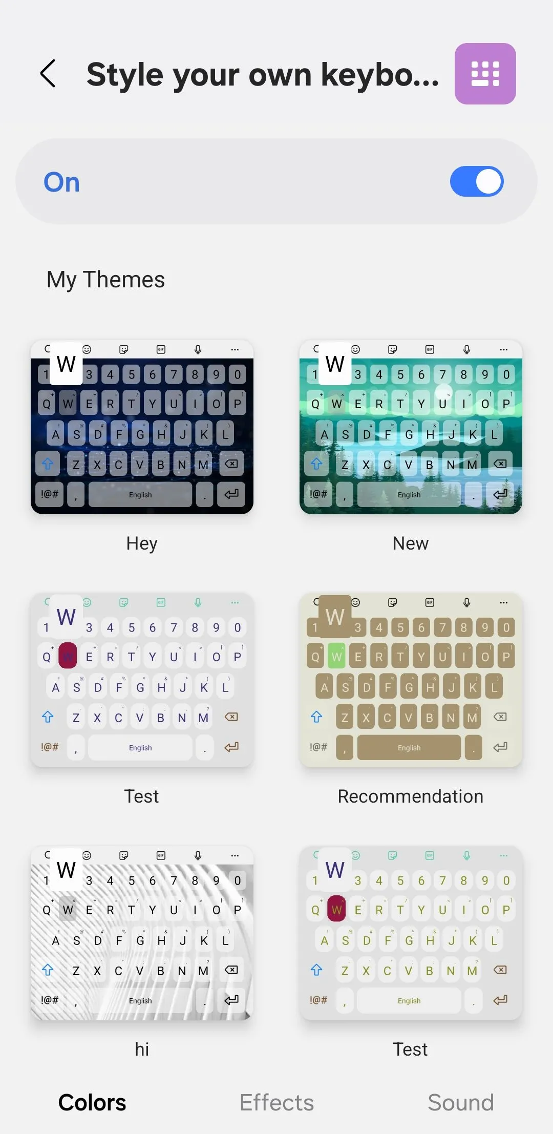 Tab màu sắc trong ứng dụng Keys Cafe để tùy chỉnh bàn phím Samsung