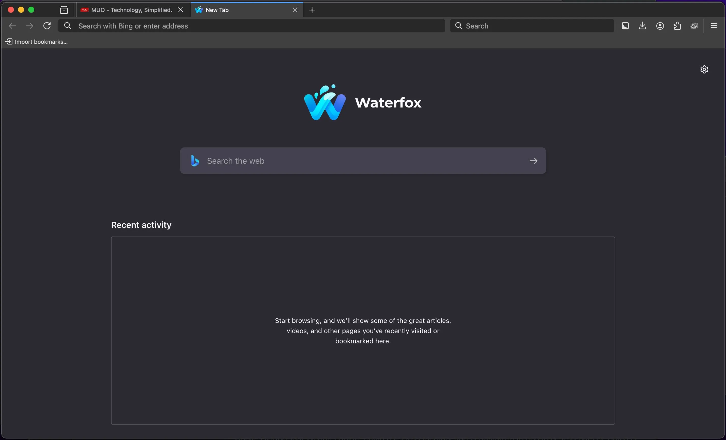 Tab mới của trình duyệt Waterfox trên macOS, thể hiện giao diện sạch và tập trung vào quyền riêng tư