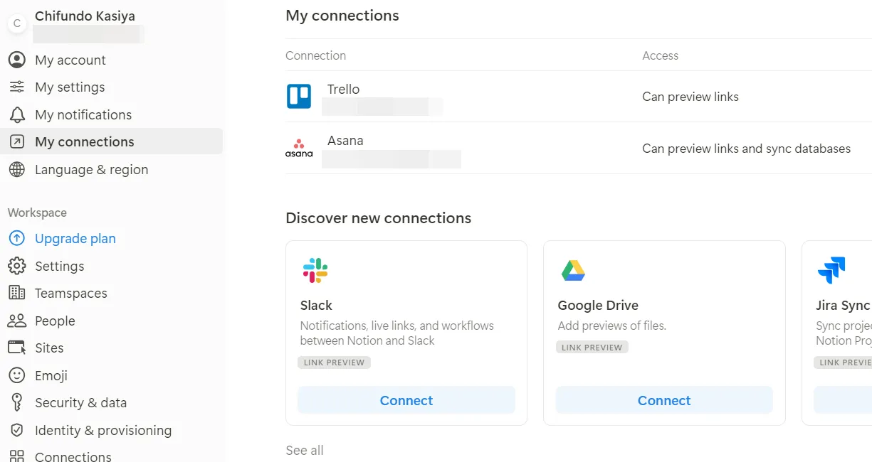 Tab My connections (Kết nối của tôi) trong cài đặt Notion, hiển thị danh sách các tích hợp ứng dụng có sẵn.