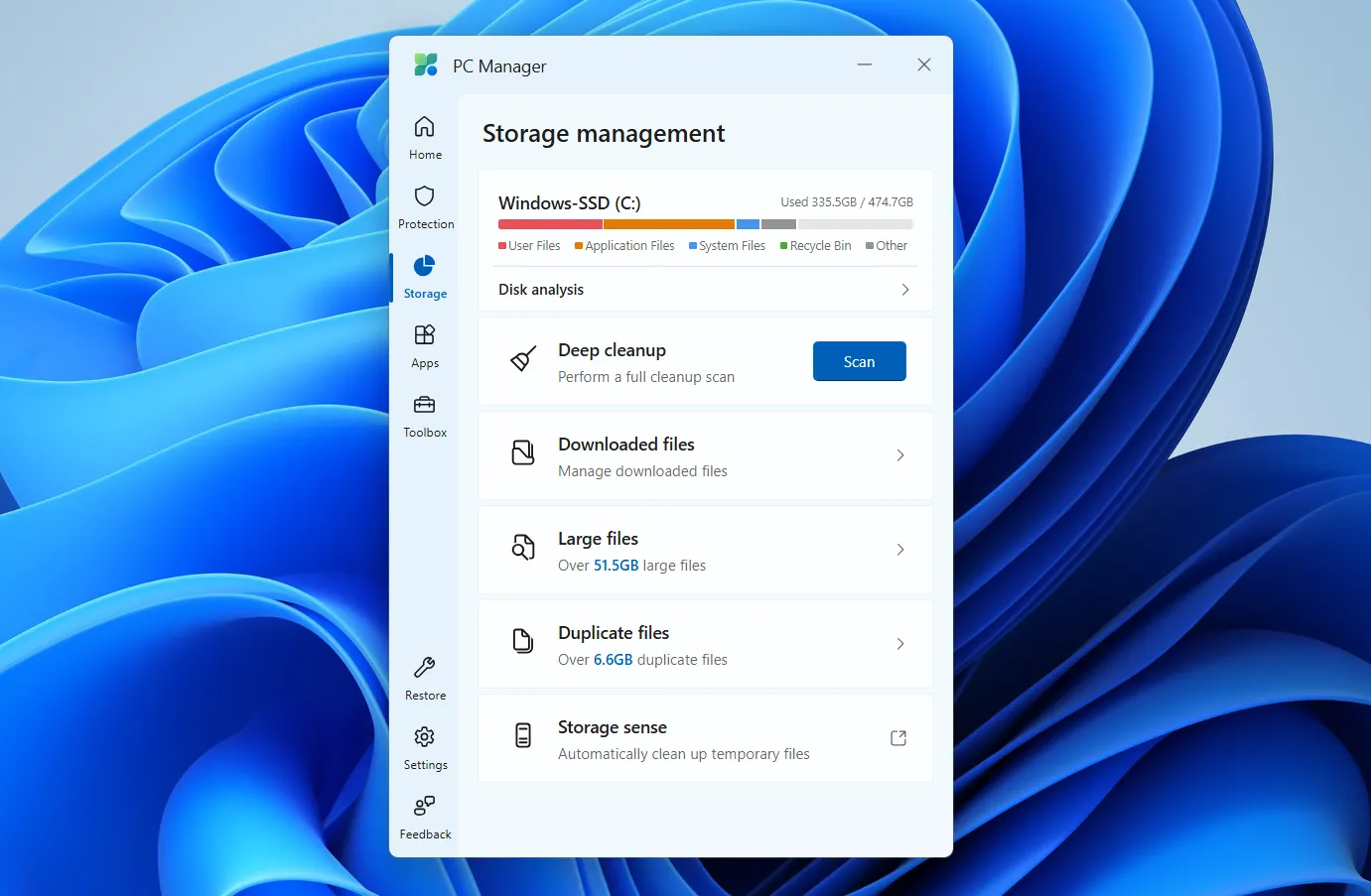 Tab quản lý lưu trữ trong Microsoft PC Manager, hiển thị công cụ tìm kiếm file trùng lặp