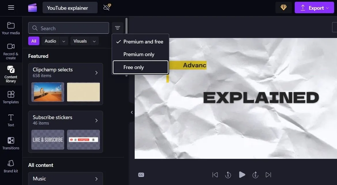 Tab thư viện nội dung của Clipchamp với các tùy chọn stock video, hình ảnh và âm thanh