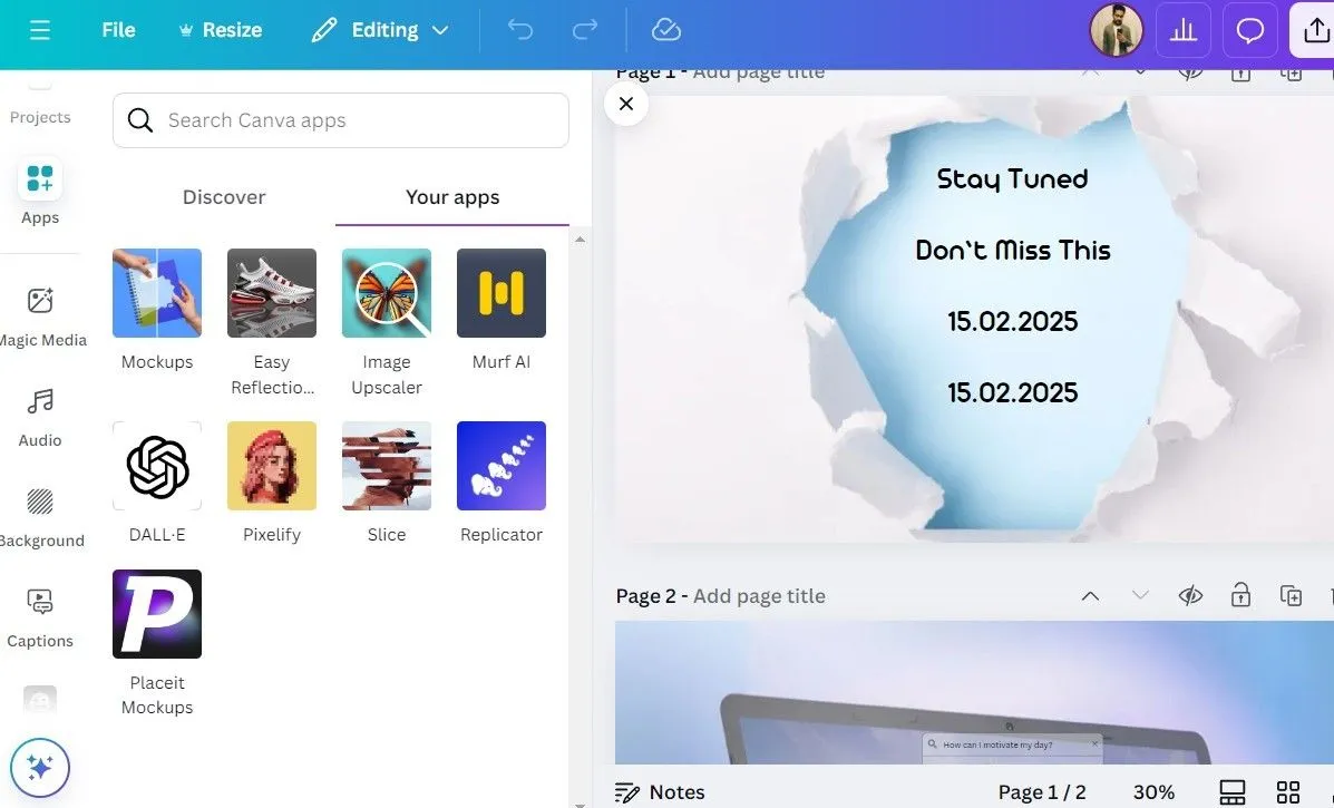 Tab Ứng dụng (Apps) trong Canva cung cấp đa dạng công cụ tích hợp