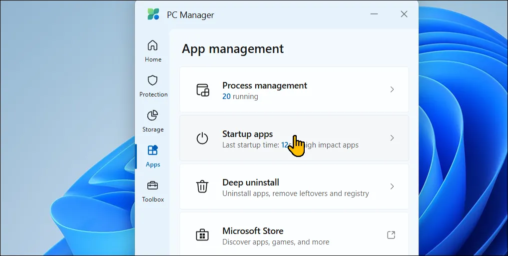 Tab &quot;Ứng dụng&quot; trong Microsoft PC Manager trên Windows 11, hiển thị danh sách các tiến trình đang chạy.