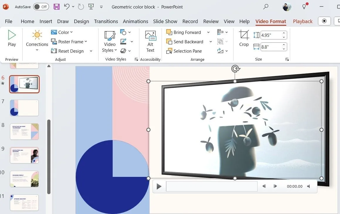 Tab Video Format trong PowerPoint cung cấp các công cụ để tùy chỉnh hiệu ứng và kiểu dáng video