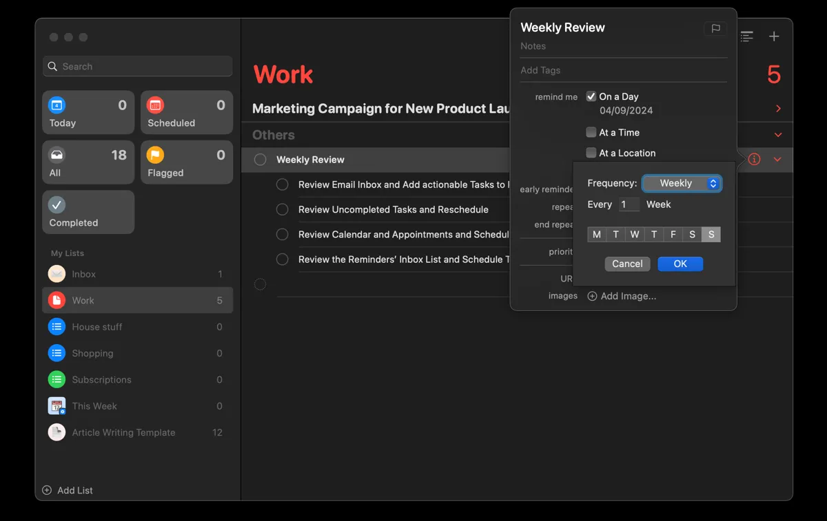 Tác vụ "Weekly Review" được tổ chức trong ứng dụng Reminders của Apple, thể hiện khả năng quản lý danh sách công việc hiệu quả.