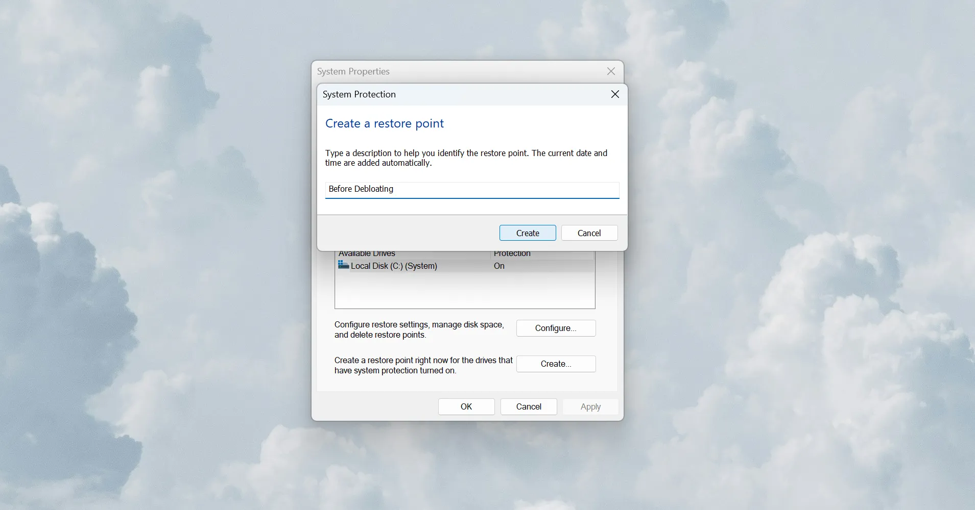Tạo điểm khôi phục hệ thống Windows trước khi gỡ bloatware để đảm bảo an toàn dữ liệu