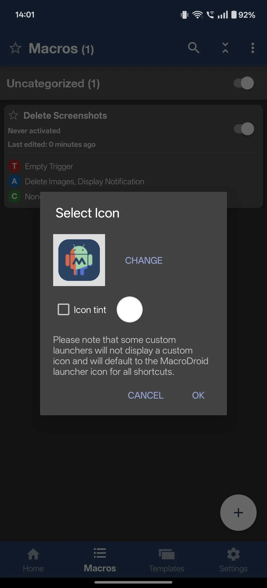 Tạo lối tắt trên màn hình chính cho macro MacroDroid để xóa ảnh.