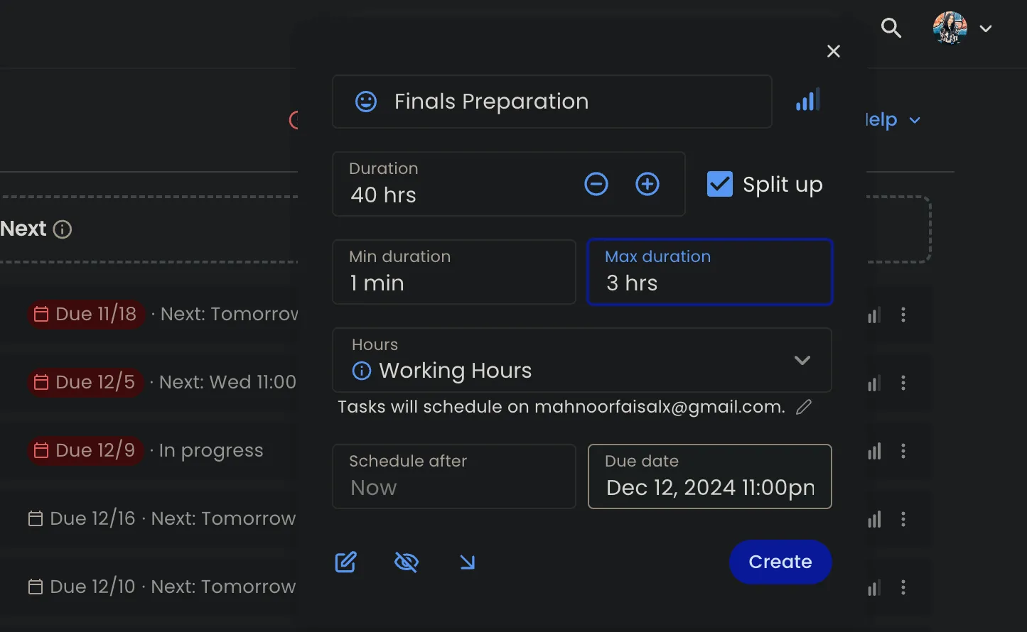 Tạo nhiệm vụ mới 'Finals Preparation' trên Reclaim.ai với tính năng chia nhỏ thời gian