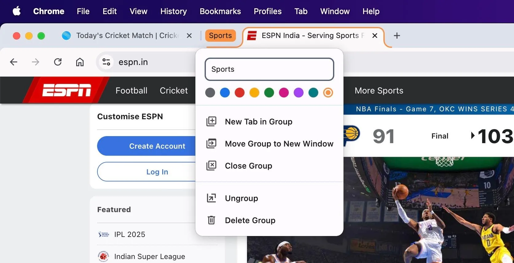 Tạo nhóm tab mới trong Chrome trên Mac với tên và màu sắc tùy chỉnh