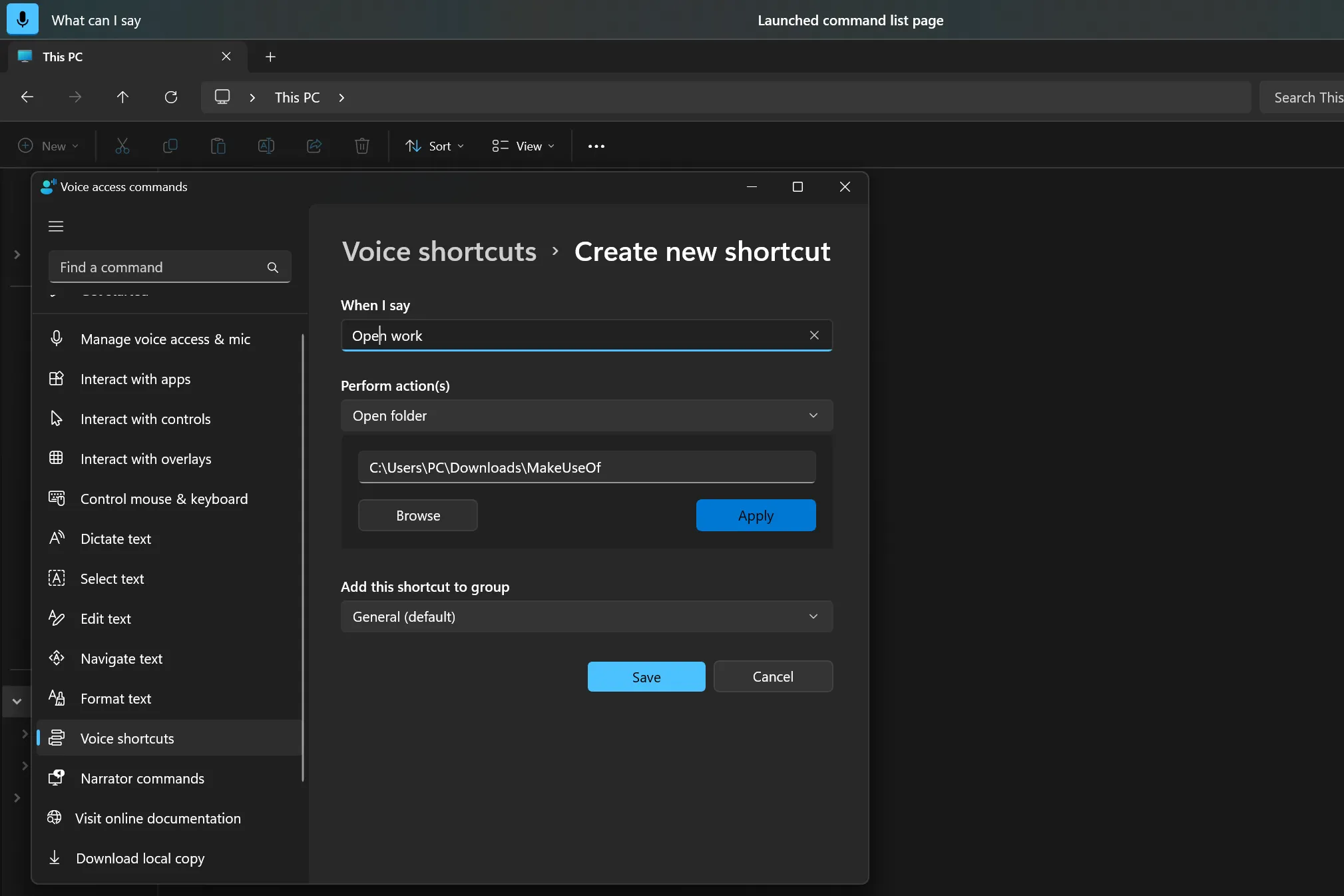 tạo phím tắt giọng nói tùy chỉnh mới trong Voice Access trên Windows 11