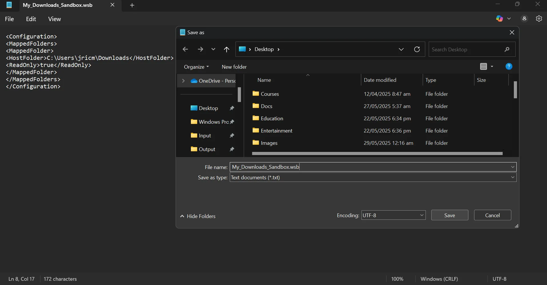 Tạo và lưu tệp cấu hình Windows Sandbox (.wsb) với nội dung XML