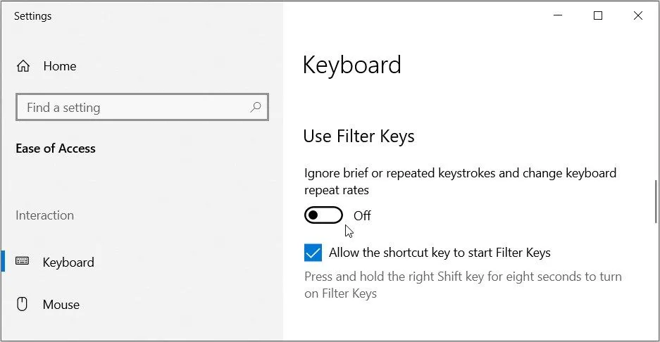 Tắt tính năng Filter Keys trong cài đặt Accessibility để loại bỏ độ trễ bàn phím