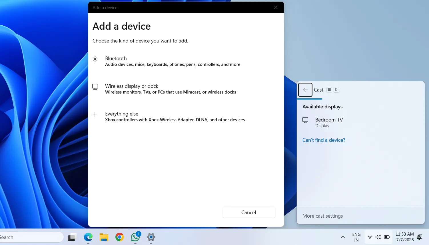 Thanh bên Cast hiển thị thiết bị kết nối không dây trên Windows 11