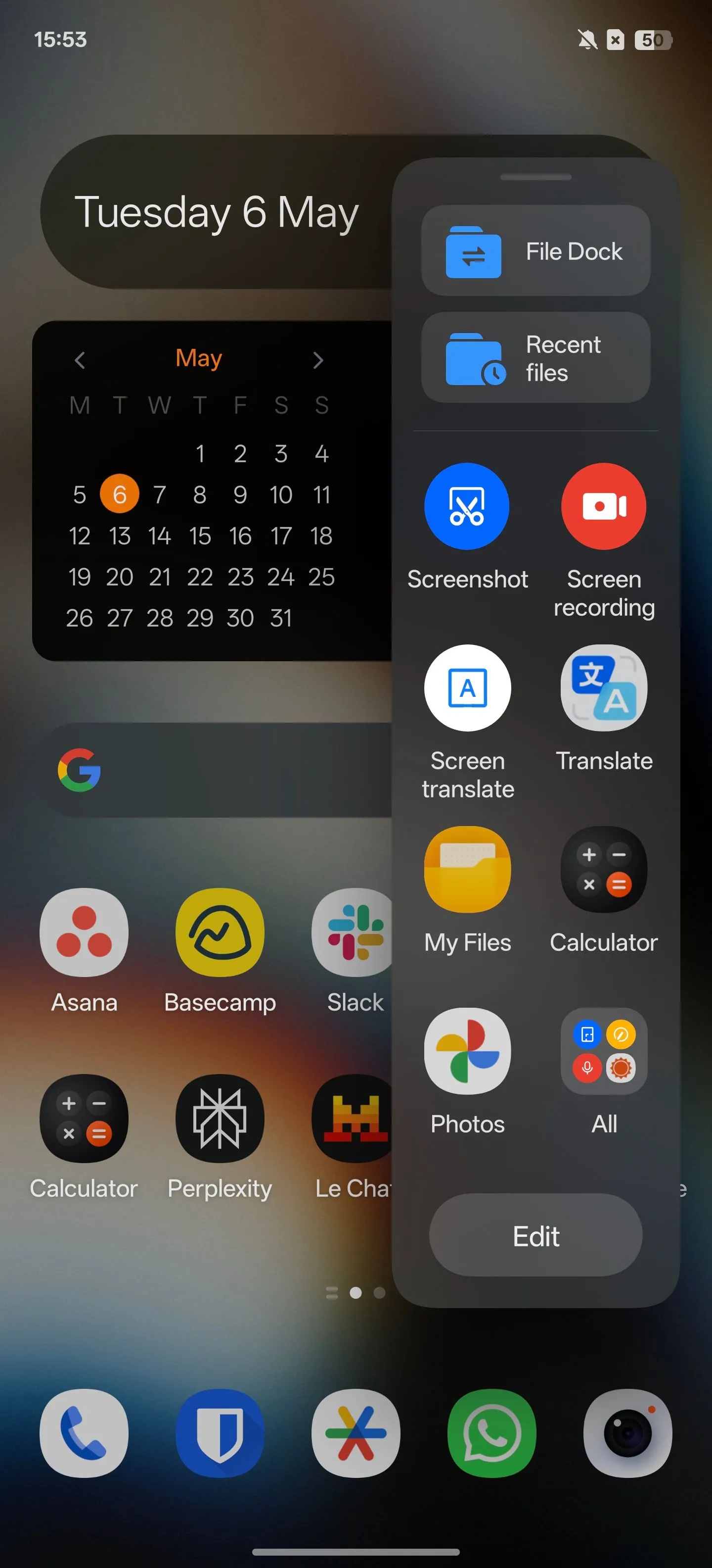 Thanh bên thông minh (Smart Sidebar) trên màn hình chính của điện thoại OnePlus.