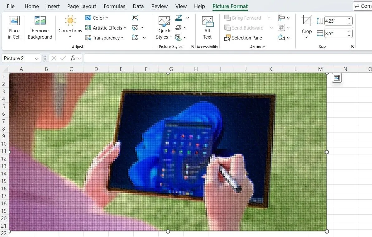 Thanh công cụ Định dạng Ảnh trong Excel hiển thị các tùy chọn chỉnh sửa nâng cao như hiệu ứng bóng, phản chiếu cho hình ảnh.