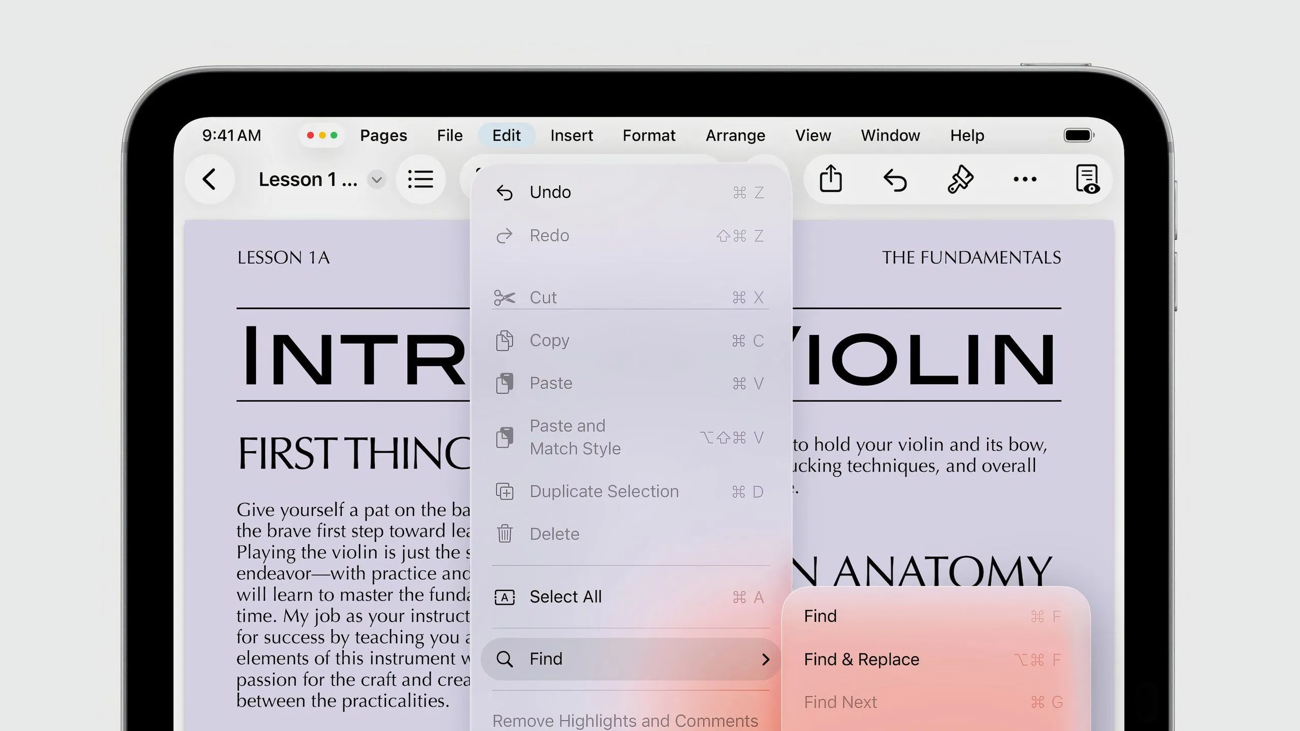 Thanh Menu Bar mới trên iPadOS 26 hiển thị các tùy chọn chỉnh sửa và định dạng trong ứng dụng