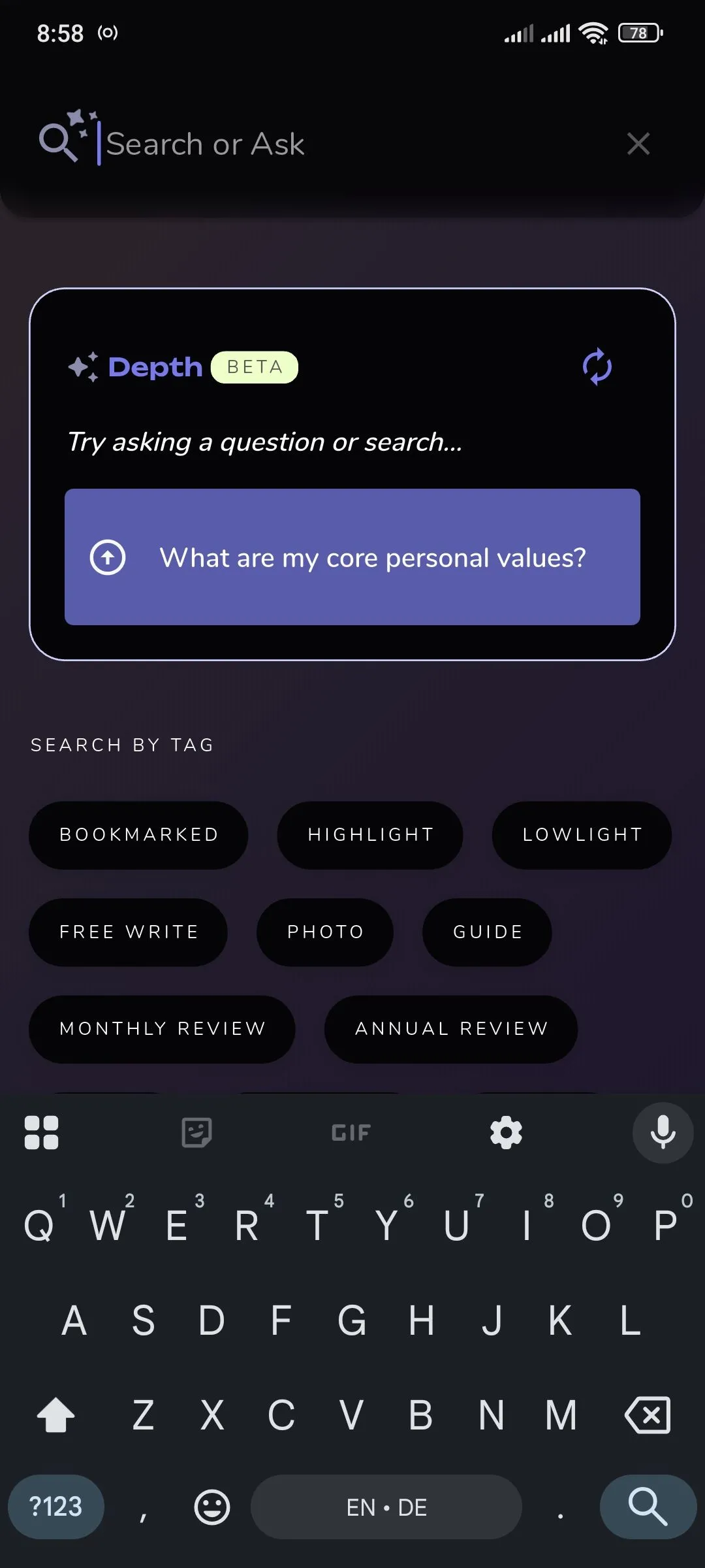 Thanh tìm kiếm với tính năng Depth AI trong Reflection.app, cho phép phân tích sâu sắc các mẫu suy nghĩ trong nhật ký