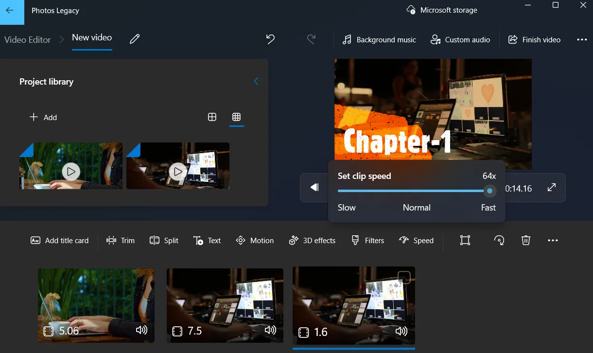 Thanh trượt điều chỉnh tốc độ phát video trong Photos Legacy, cho phép tăng hoặc giảm tốc độ đoạn phim đã chọn.