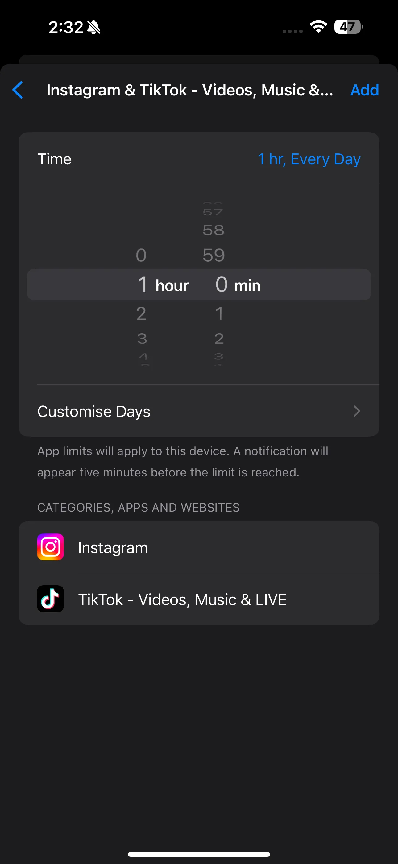 Thanh trượt thời gian và tùy chọn Tùy chỉnh ngày trong cài đặt Giới hạn ứng dụng của iPhone.