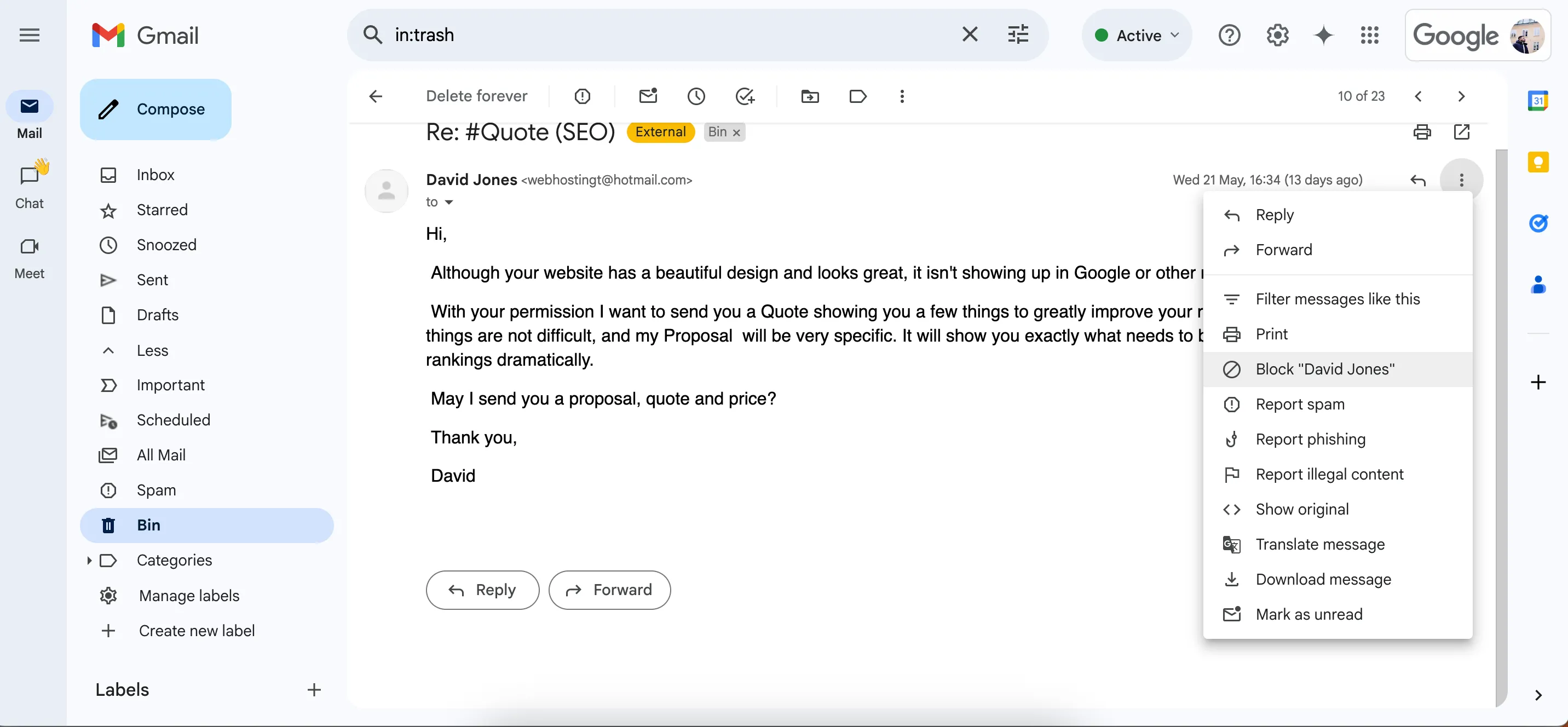 Thao tác chặn người gửi trong ứng dụng Gmail.