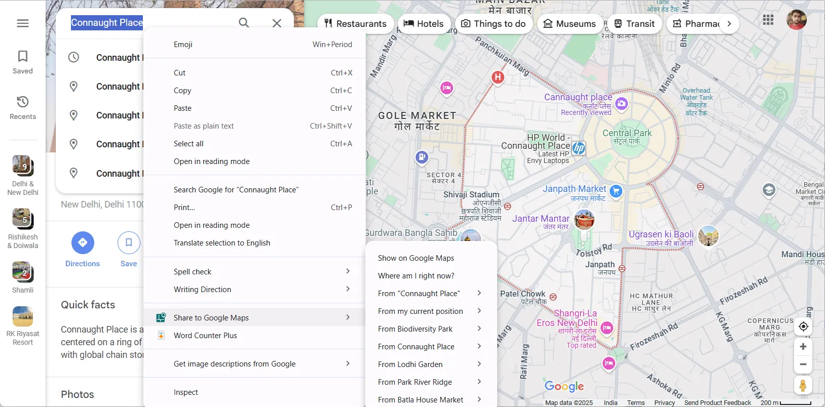 Thao tác chuột phải để chọn &quot;Share to Google Maps&quot; trên một văn bản chứa địa điểm, giúp mở nhanh vị trí trên bản đồ.