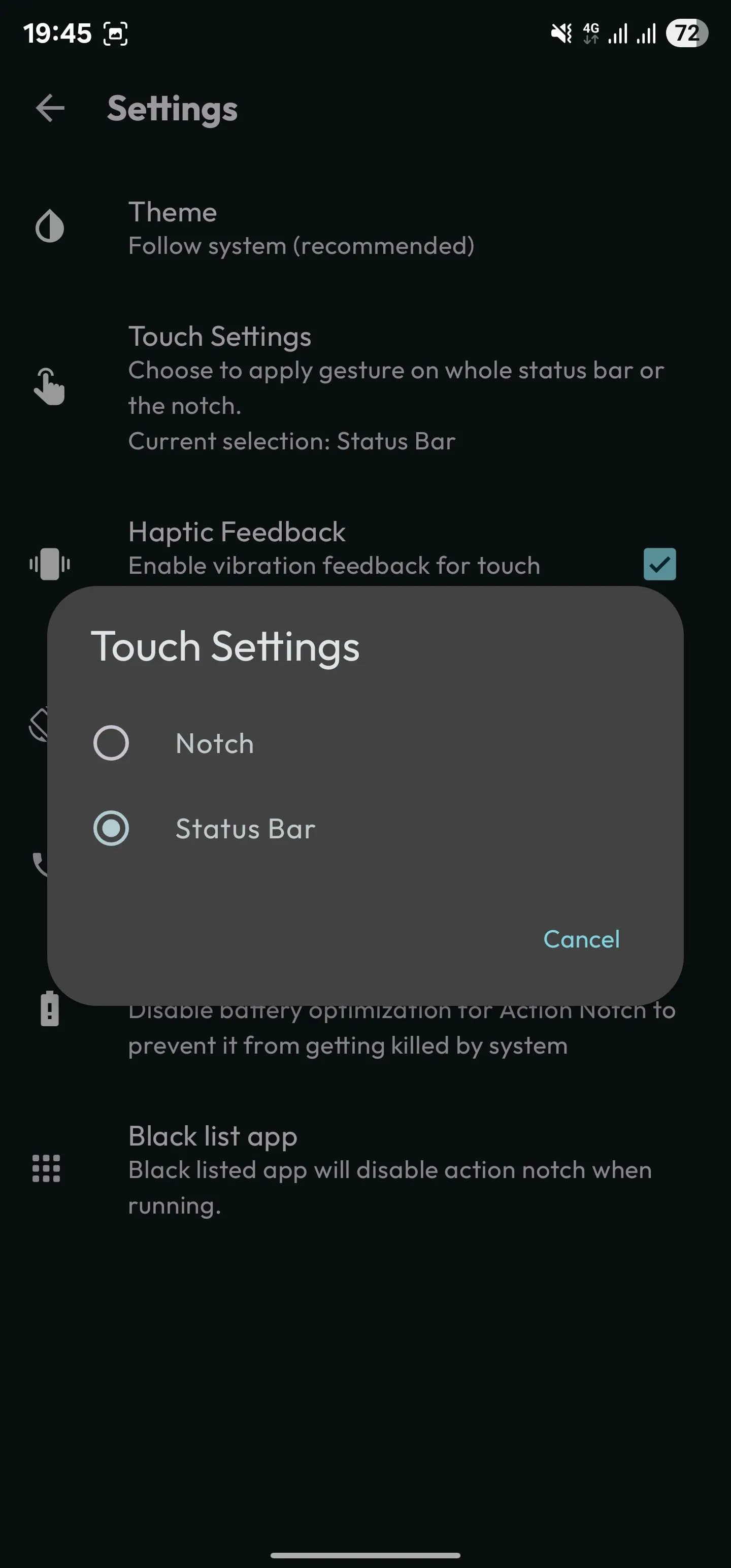 Thay đổi vùng tương tác cảm ứng của Action Notch thành toàn bộ thanh trạng thái