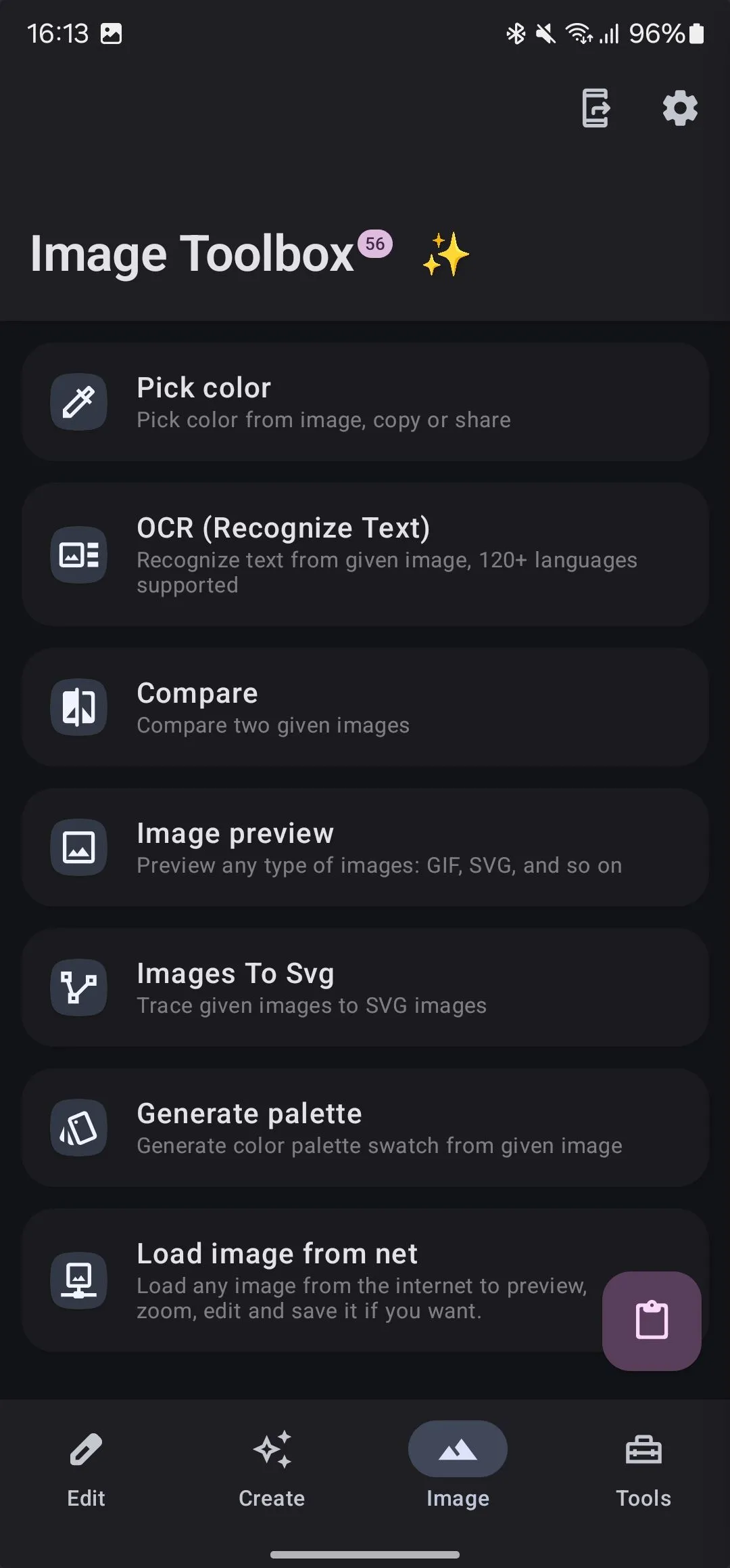 Thẻ Ảnh (Image) của ứng dụng Image Toolbox, nơi hiển thị các tùy chọn quản lý hình ảnh.