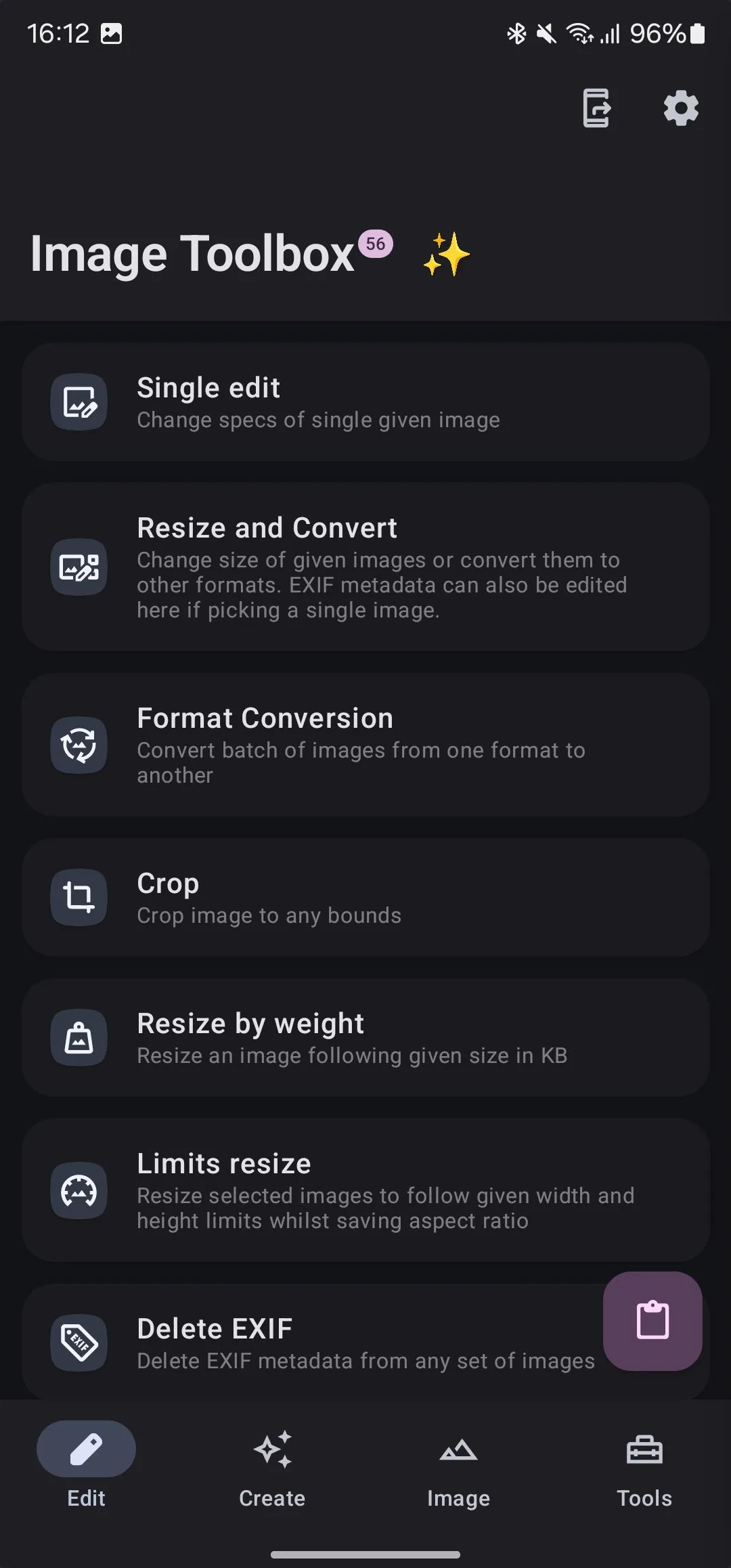 Thẻ Chỉnh sửa (Edit) trong ứng dụng Image Toolbox, cung cấp nhiều công cụ xử lý ảnh.