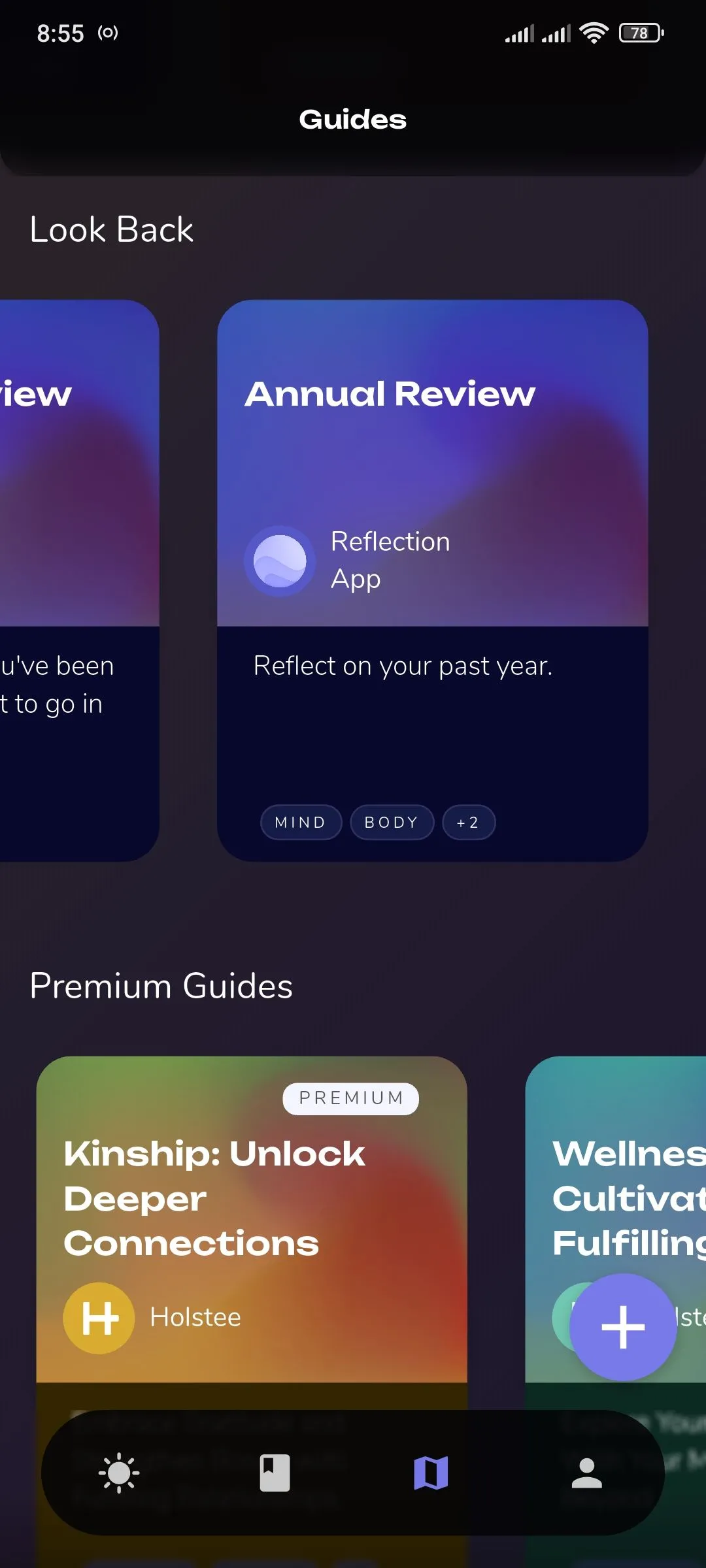 Thẻ đánh giá hàng năm trong phần hướng dẫn của Reflection.app, hỗ trợ tổng kết và đặt mục tiêu cá nhân