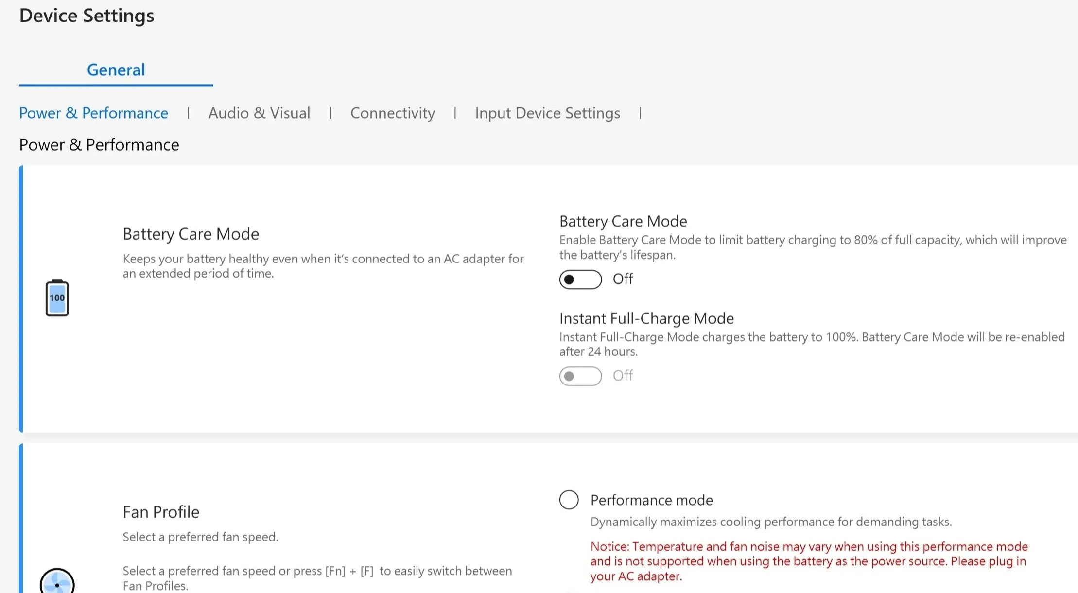 Thẻ Device Settings trong ứng dụng MyAsus với tùy chọn Battery Care Mode cho laptop Asus