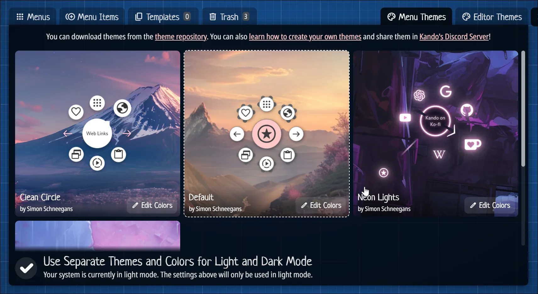 Thẻ Menu Themes trong Kando Menu Editor trên Windows 11, cho phép thay đổi giao diện Kando