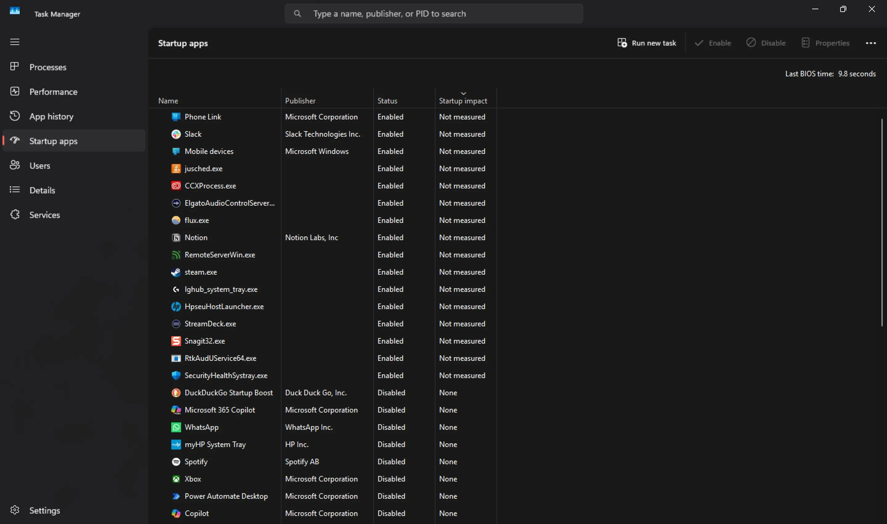Thẻ Startup apps trong Task Manager hiển thị danh sách các ứng dụng được bật hoặc tắt khi khởi động Windows
