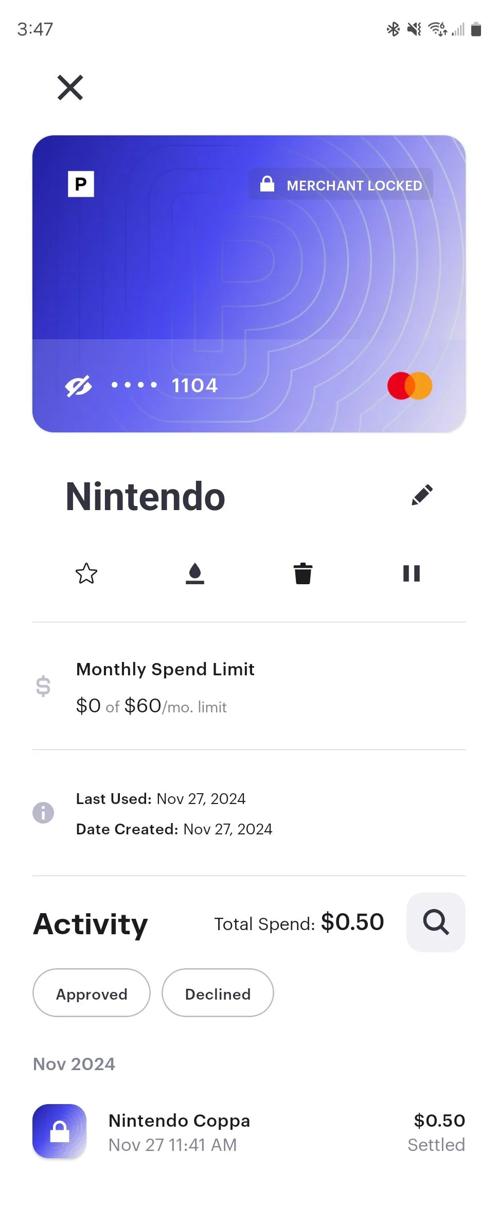 Thẻ thanh toán tạm thời được tạo cho giao dịch Nintendo bằng ứng dụng Privacy trên điện thoại Android.