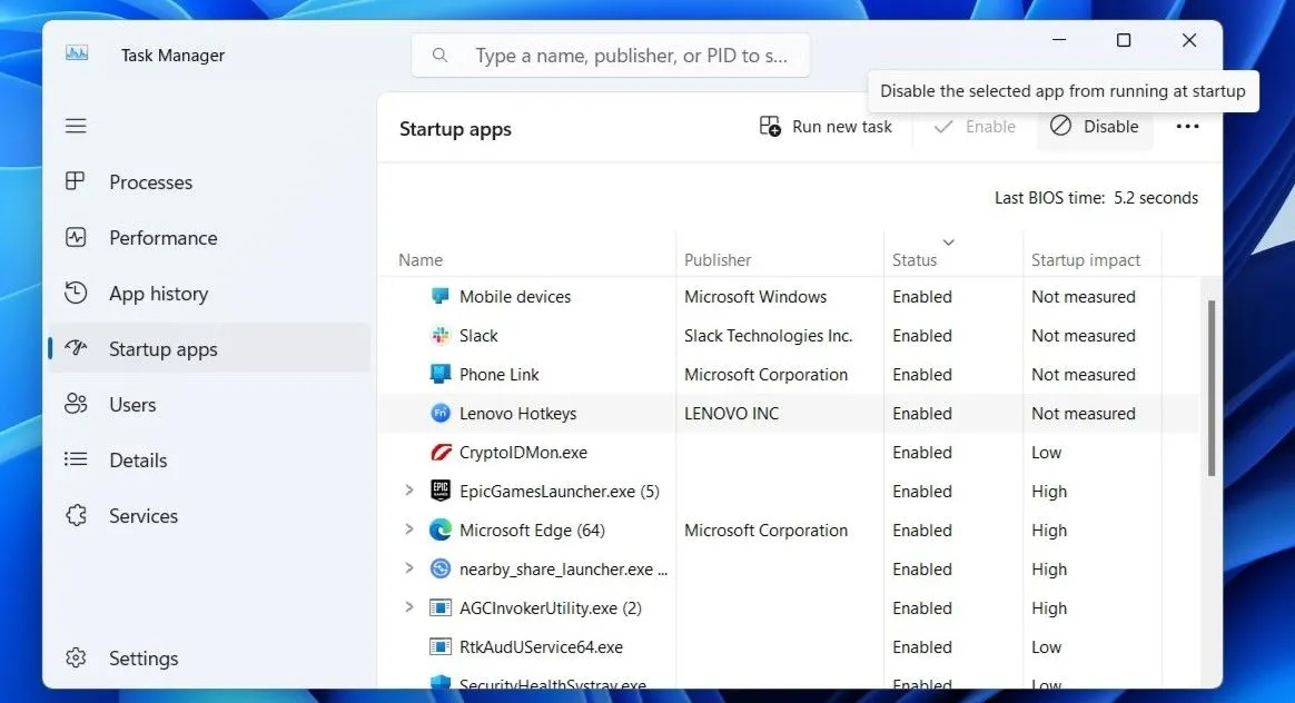Thẻ Ứng dụng khởi động trong Task Manager Windows 11