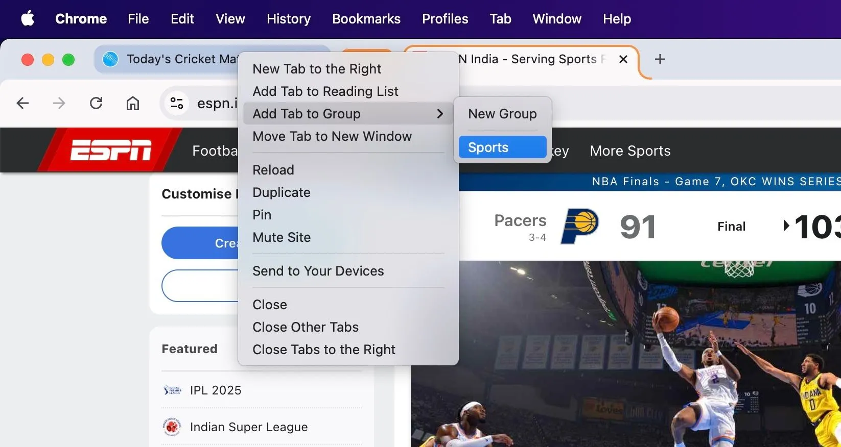 Thêm tab thứ hai vào nhóm tab đã tạo trong trình duyệt Chrome trên Mac