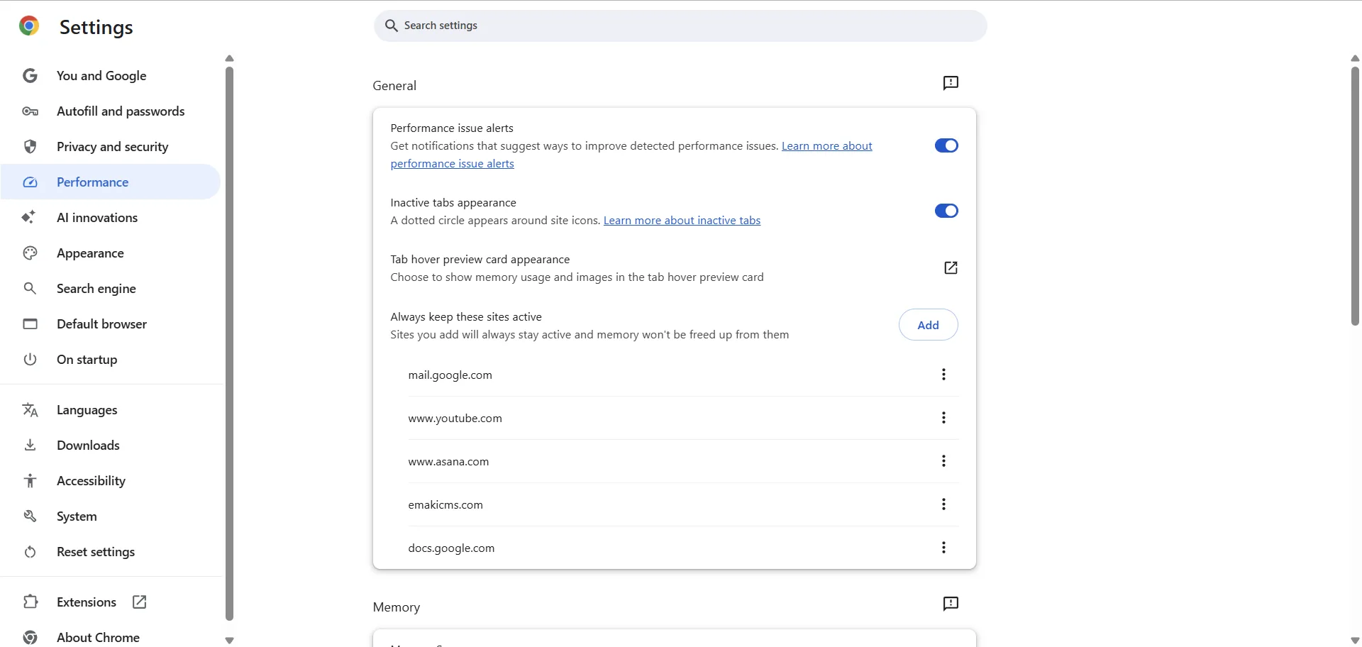 Thêm trang web vào danh sách giữ hoạt động trong cài đặt hiệu suất Chrome