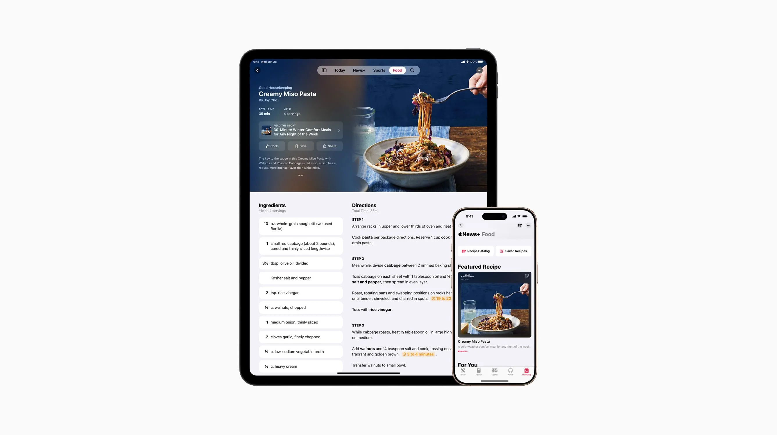 Thiết bị Apple hiển thị dịch vụ Apple News+ Food với các công thức nấu ăn và bài báo ẩm thực