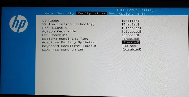 Thiết lập Adaptive Battery Optimizer trong BIOS của laptop HP để tối ưu pin
