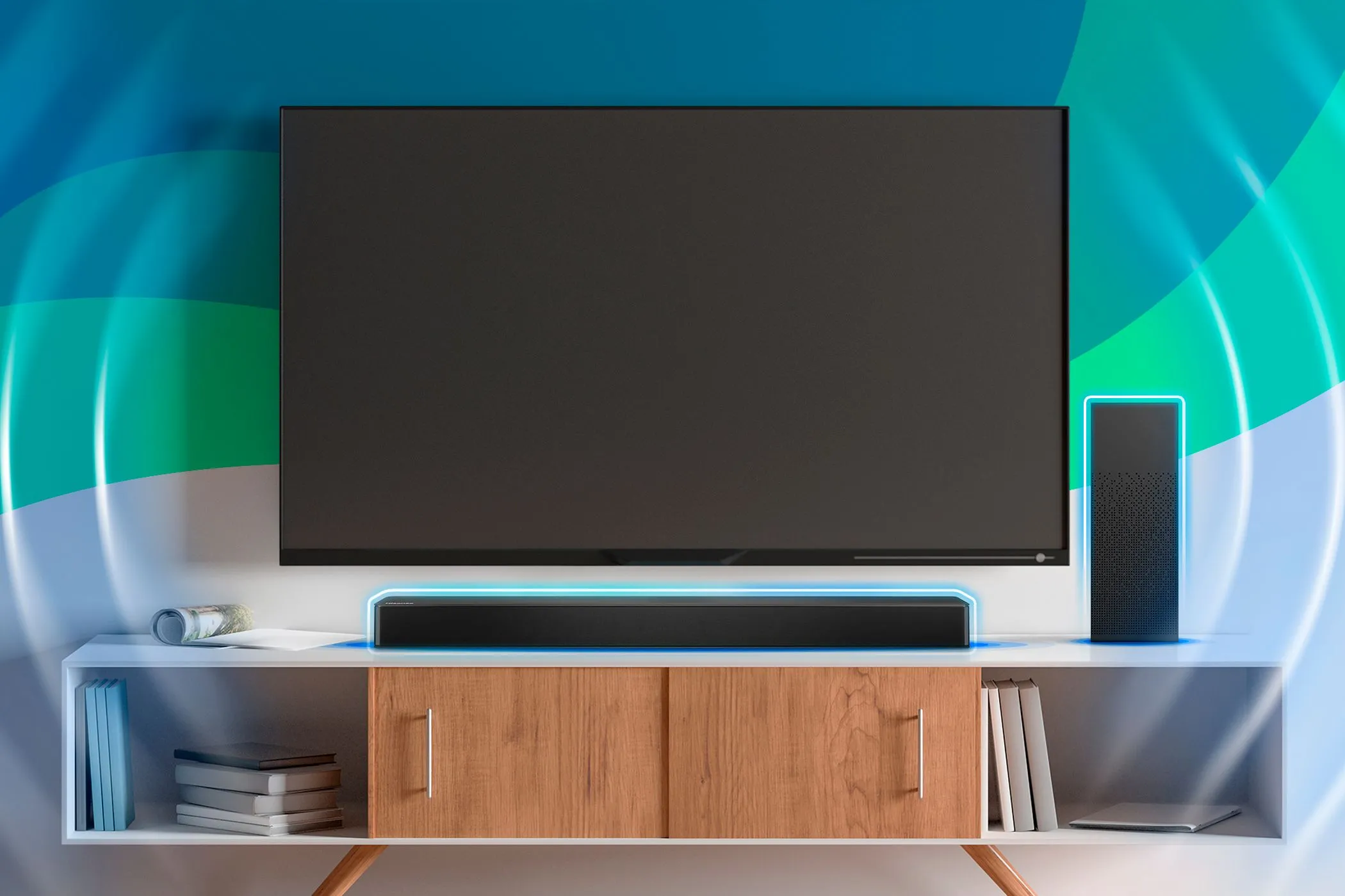 Thiết lập giải trí gia đình với TV treo tường và soundbar đặt trên kệ, minh họa hệ thống âm thanh.