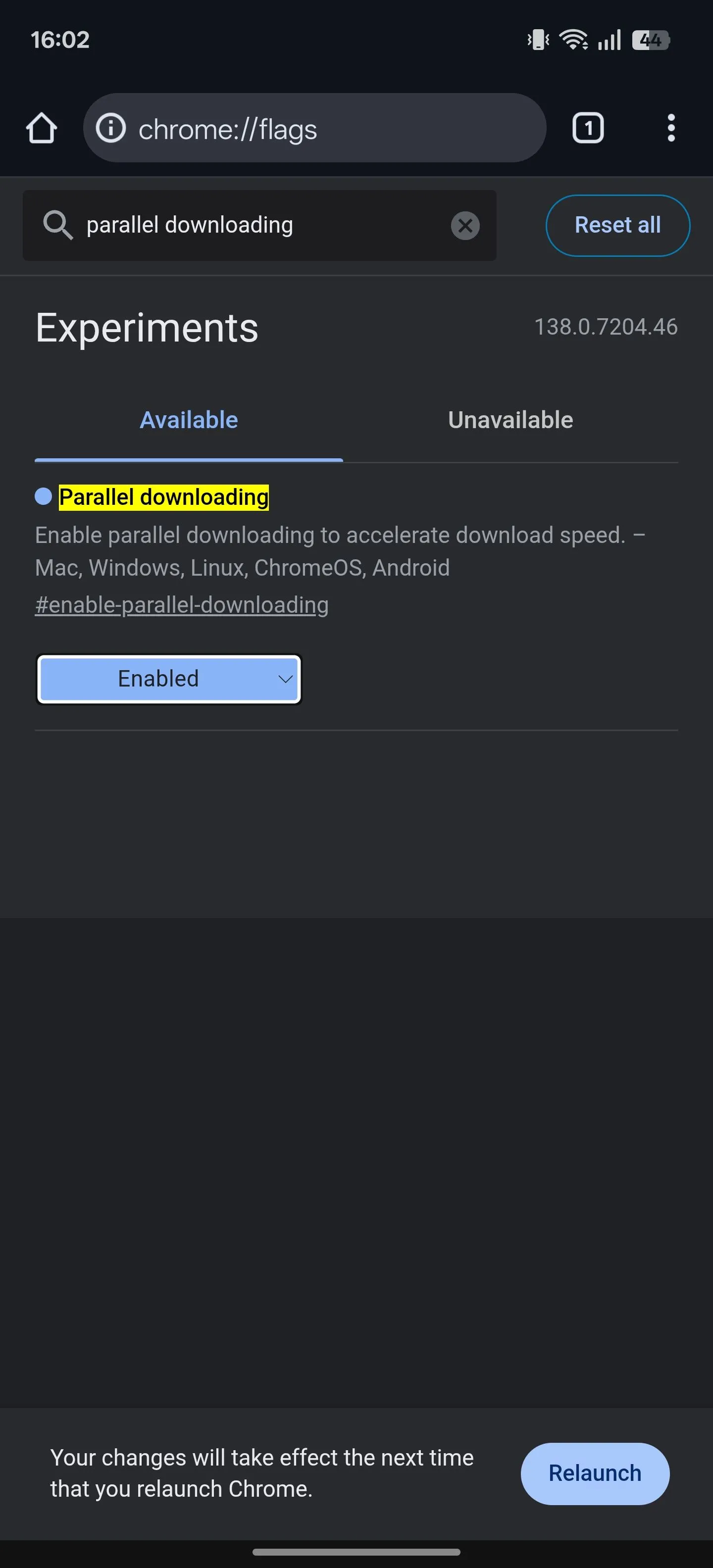 Thiết lập một tính năng thử nghiệm (flag) thành chế độ &quot;Enabled&quot; trong Chrome trên Android.