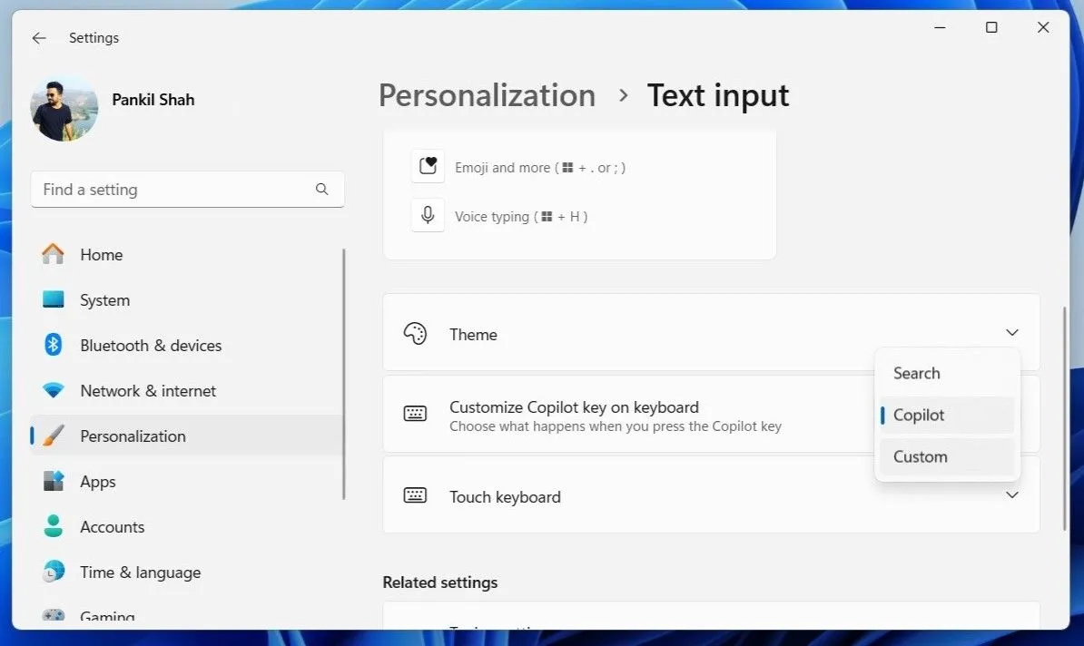 Thiết lập tùy chỉnh phím Copilot để mở ứng dụng trong Cài đặt Windows 11