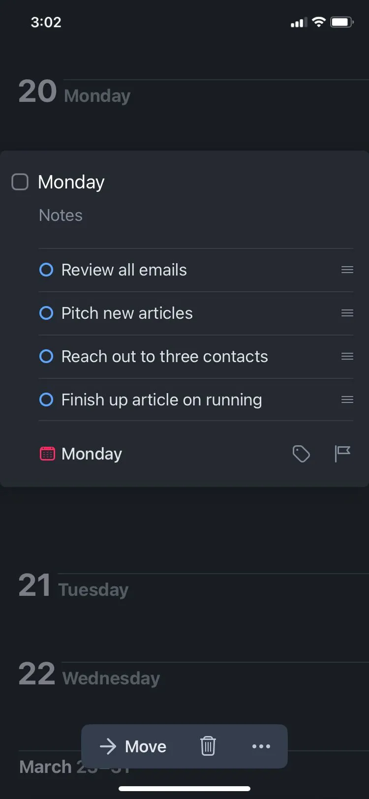 Things 3 app hiển thị danh sách công việc theo ngày, cụ thể là Thứ Hai