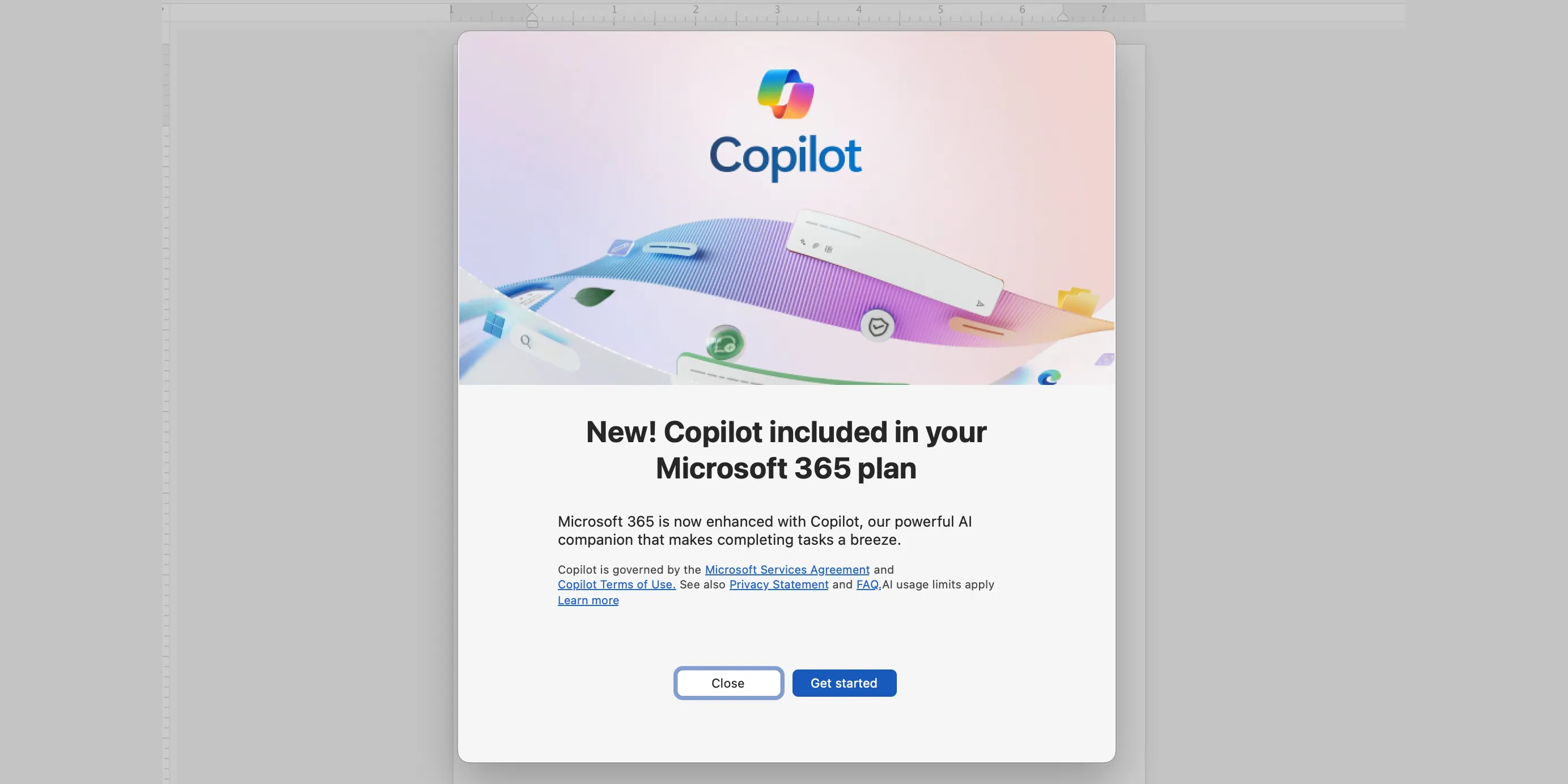 Thông báo cập nhật Copilot trong giao diện ứng dụng Microsoft Word