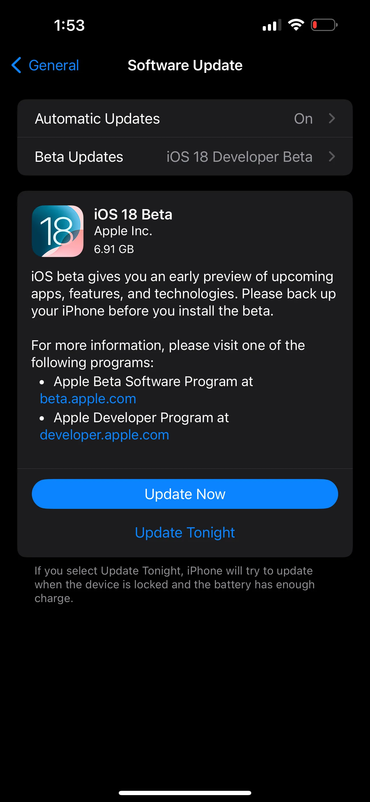 Thông báo cập nhật hệ điều hành iOS 18 Beta hiển thị trên iPhone