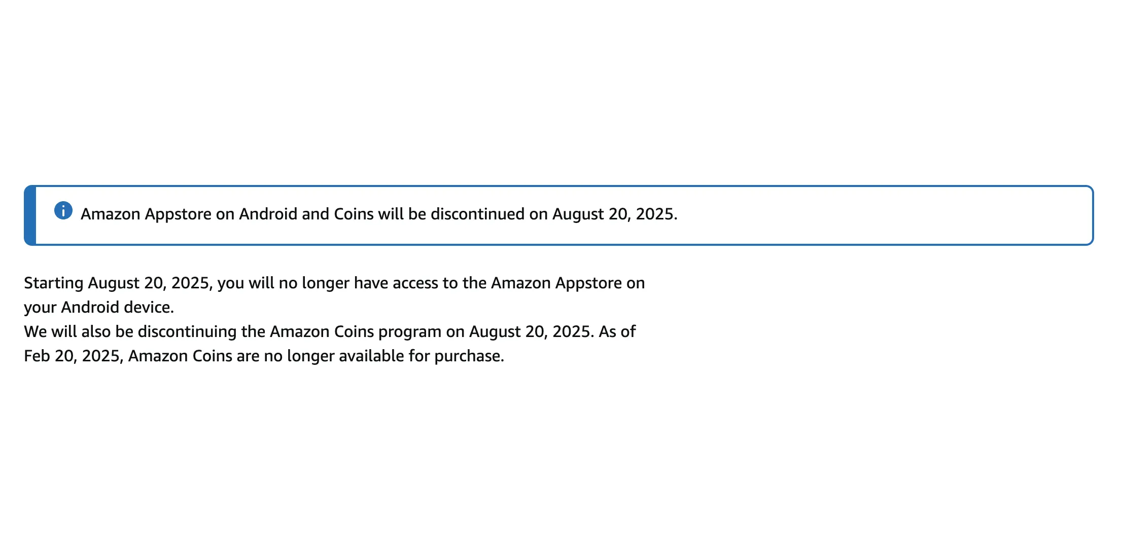 Thông báo chính thức từ Amazon về việc ngừng hoạt động Appstore trên thiết bị Android vào tháng 8 năm 2025