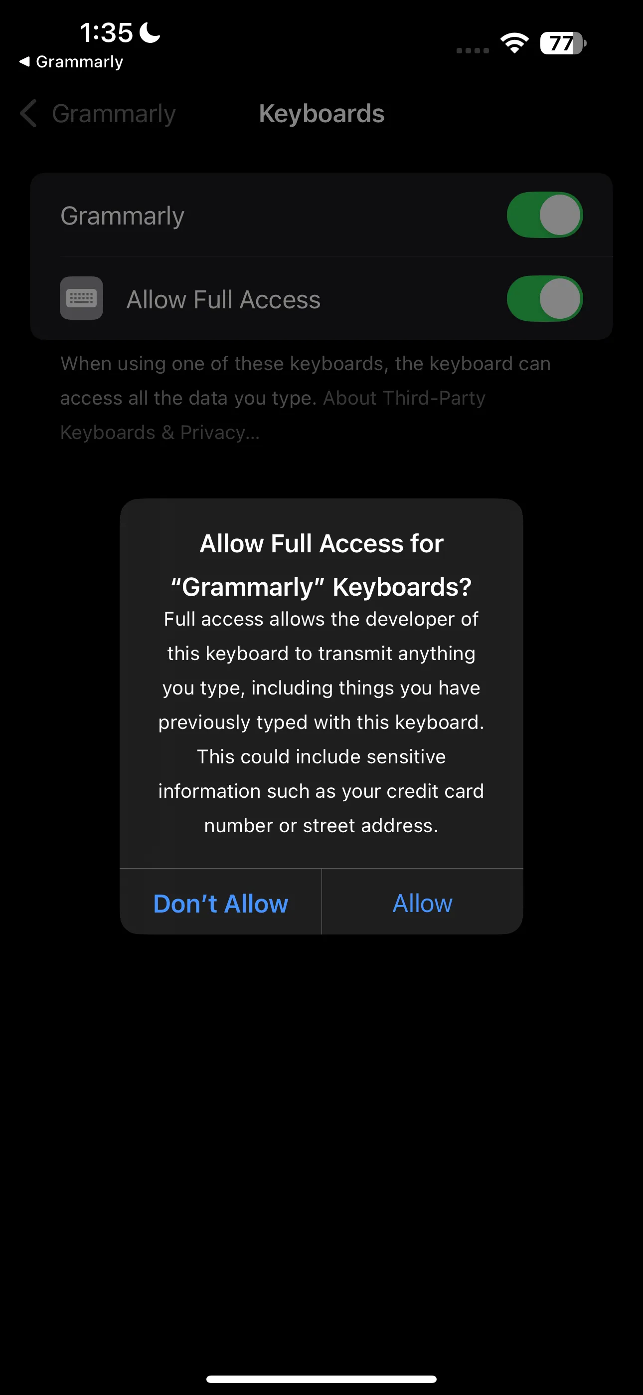 Thông báo cho phép truy cập đầy đủ cho bàn phím Grammarly