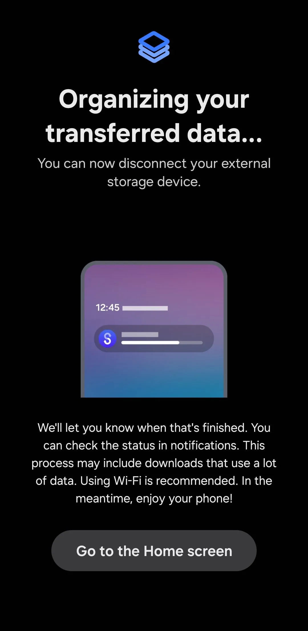 Thông báo đang tổ chức dữ liệu hiển thị trên điện thoại Samsung
