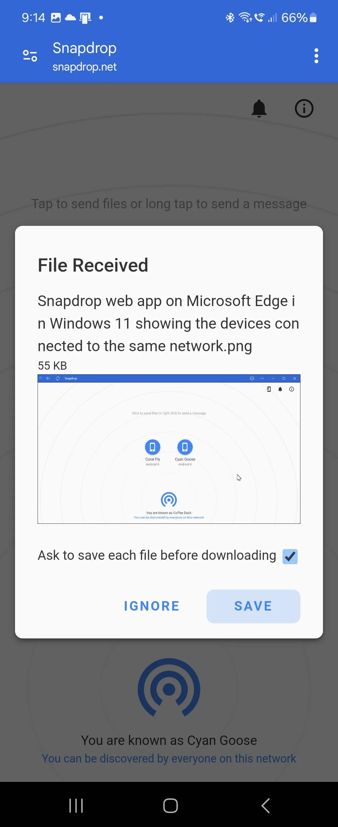 Thông báo file đã nhận từ Snapdrop hiển thị trên điện thoại Android, minh họa khả năng chia sẻ file xuyên nền tảng.