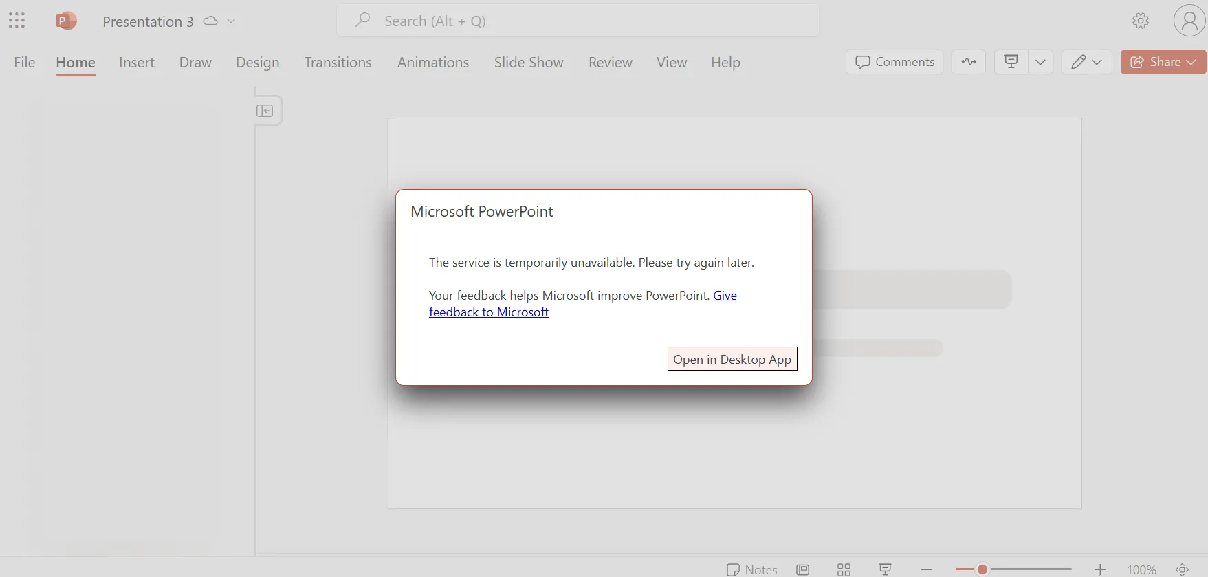 Thông báo lỗi hiển thị trên PowerPoint Online khi người dùng cố gắng mở một mẫu trình chiếu, cho thấy hạn chế của phiên bản web.