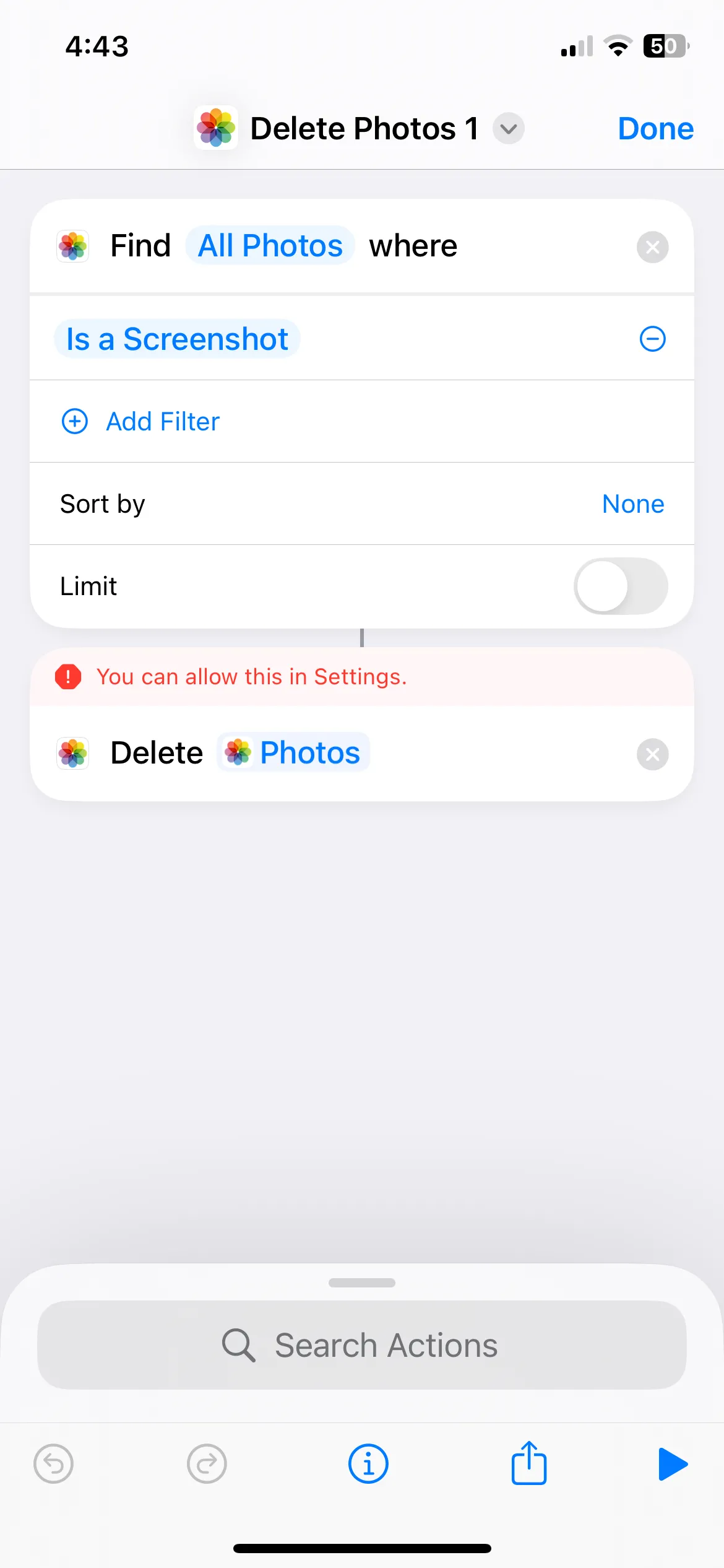 Thông báo lỗi khi phím tắt xóa ảnh chụp màn hình iPhone với số lượng lớn